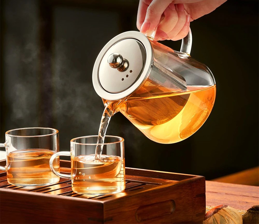 Teiera in vetro con infusore e coperchio in acciaio inox