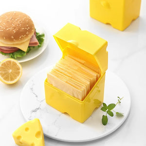 Porta formaggio a fette: scatola gialla a forma di formaggio con il coperchio aperto e le fette in piedi