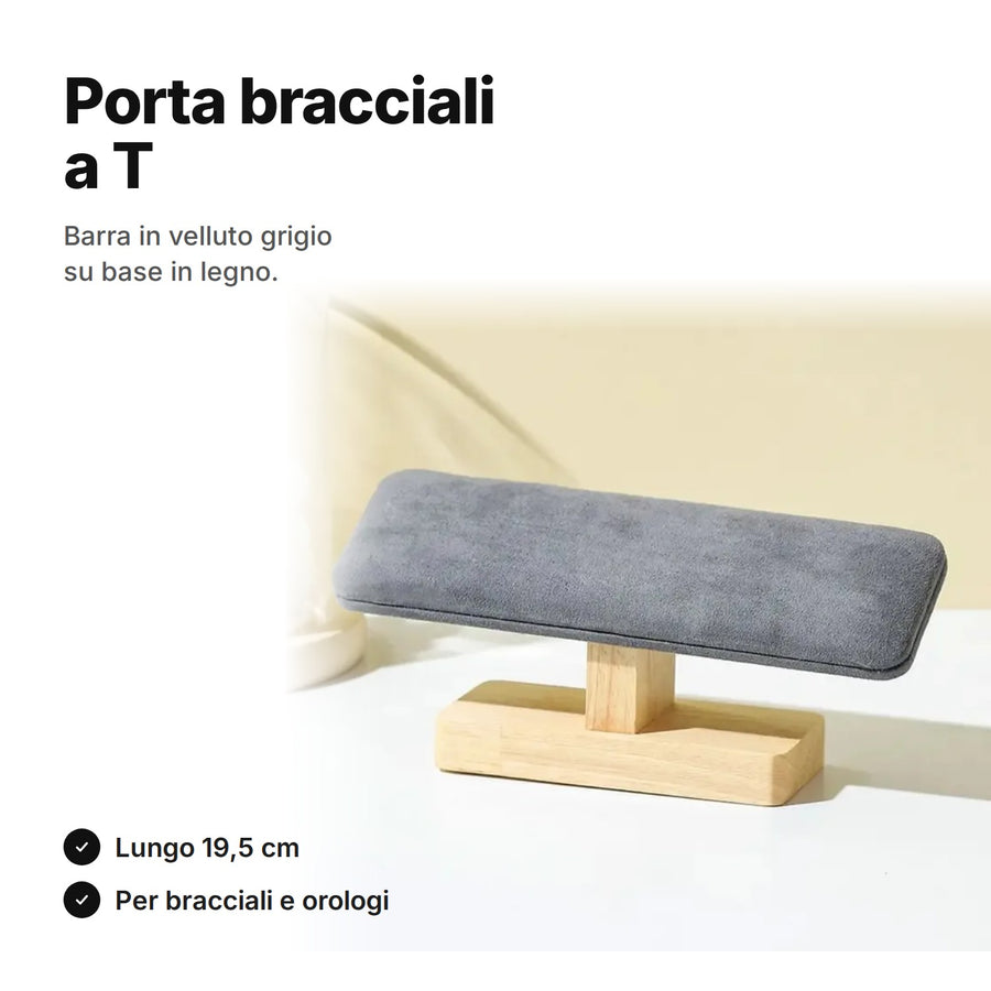Porta bracciali a T grigio – barra in velluto lunga 19,5 cm su base in legno, per bracciali e orologi