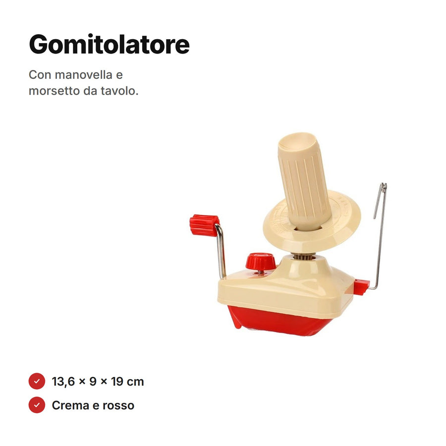 Gomitolatore manuale crema e rosso con manovella, guidafilo e morsetto da tavolo, 13,6 × 9 × 19 cm