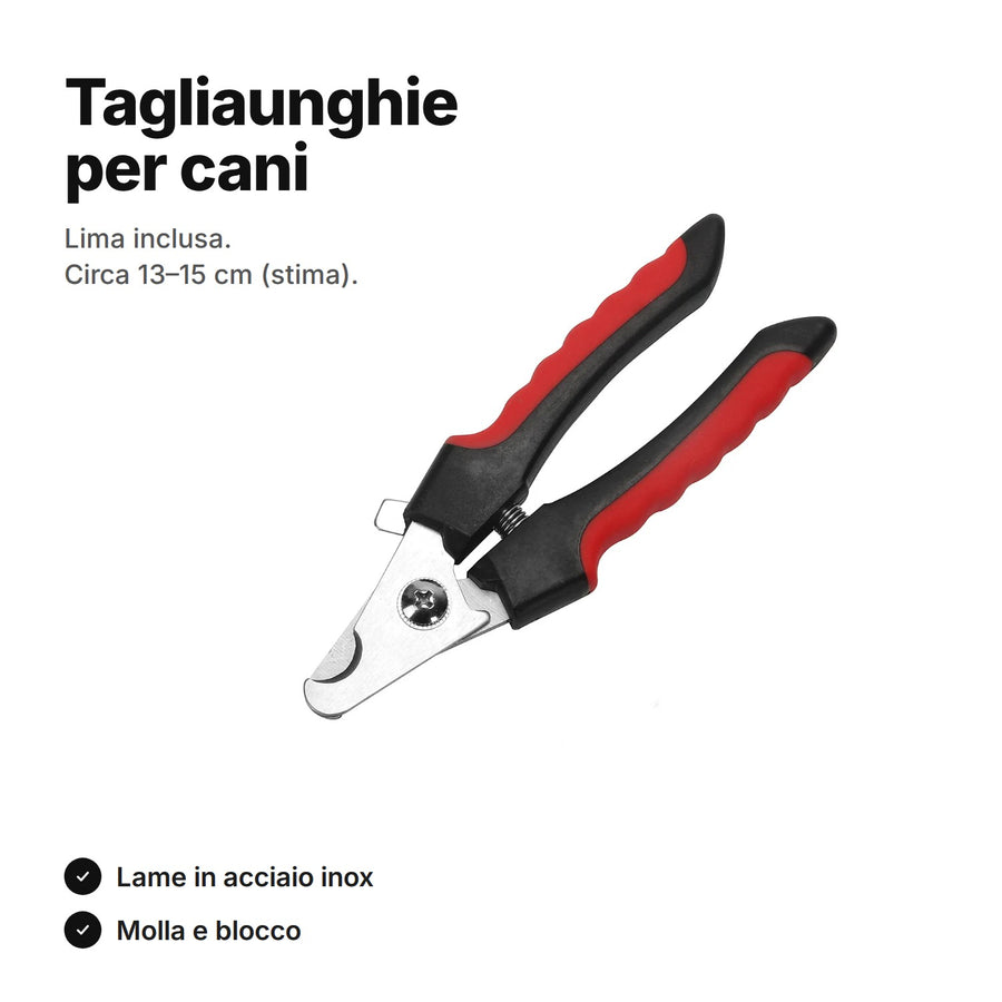 Tagliaunghie per cani e gatti: lame in acciaio inox, molla e blocco, lima inclusa
