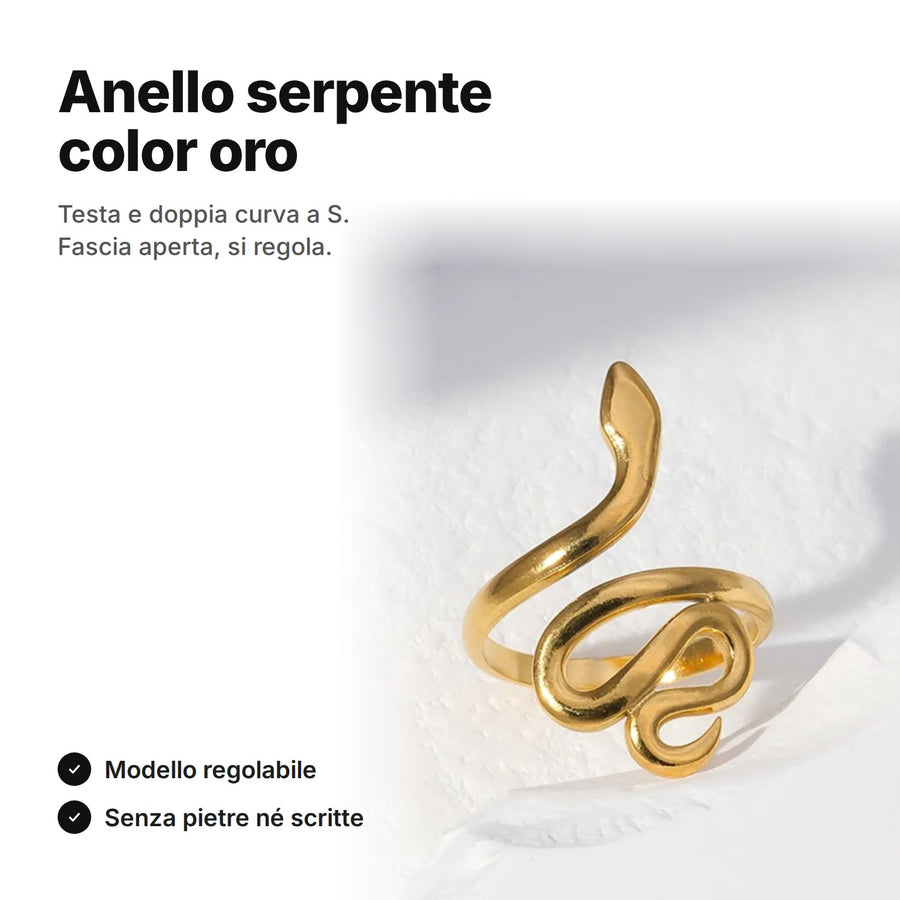 Anello serpente color oro – fascia aperta e regolabile con la testa del serpente e una doppia curva a S