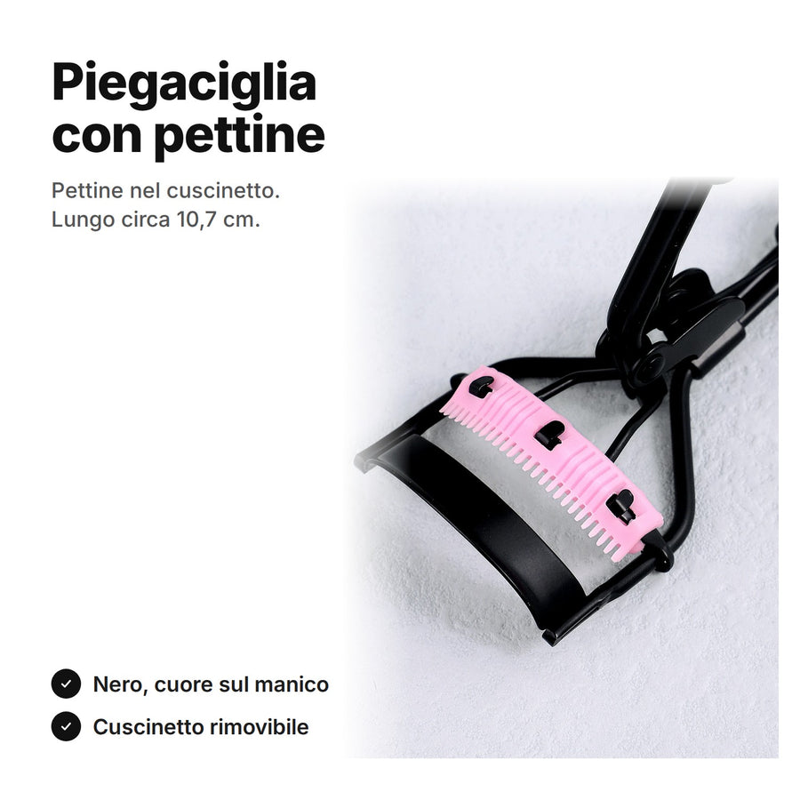 Piegaciglia con pettine: archetto nero e cuscinetto rosa in silicone, lungo circa 10,7 cm