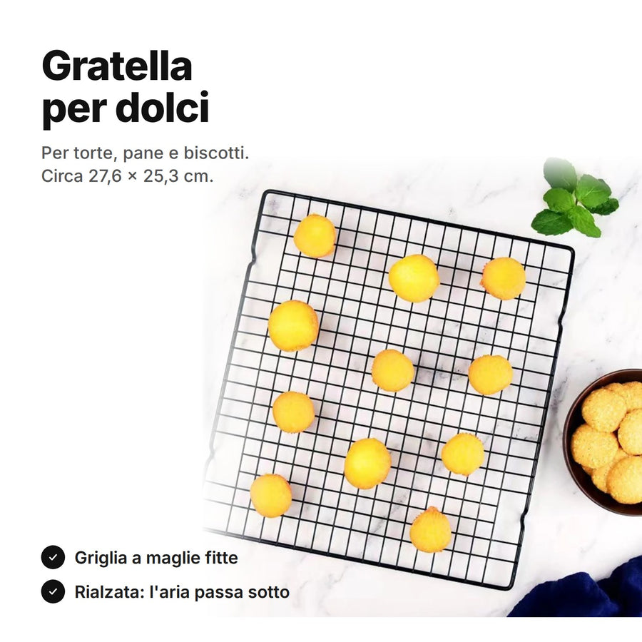 Gratella per dolci nera di circa 27,6 × 25,3 cm a maglie fitte, per torte, pane e biscotti