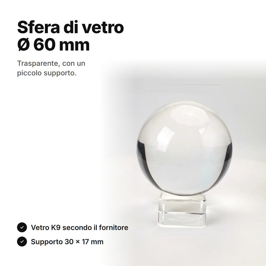 Sfera di vetro trasparente Ø 60 mm sul suo piccolo supporto trasparente