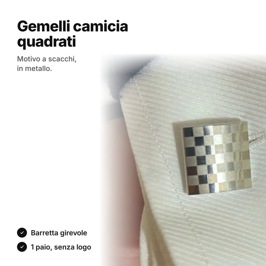Gemelli camicia quadrati con motivo a scacchi sul polsino di una camicia bianca