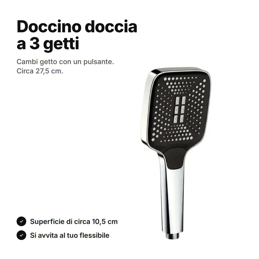 Doccino doccia quadrato a 3 getti, cromato e nero, lungo circa 27,5 cm