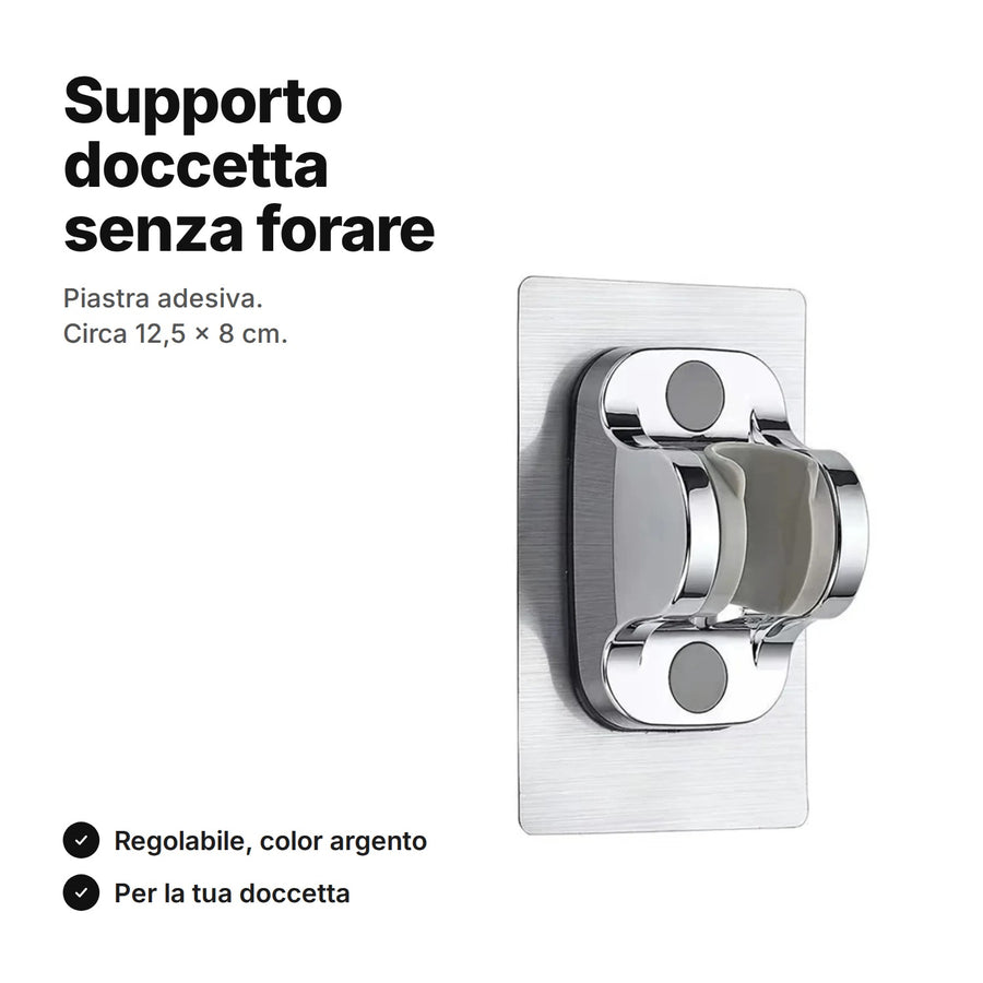 Supporto doccetta adesivo color argento, piastra di circa 12,5 × 8 cm, senza forare