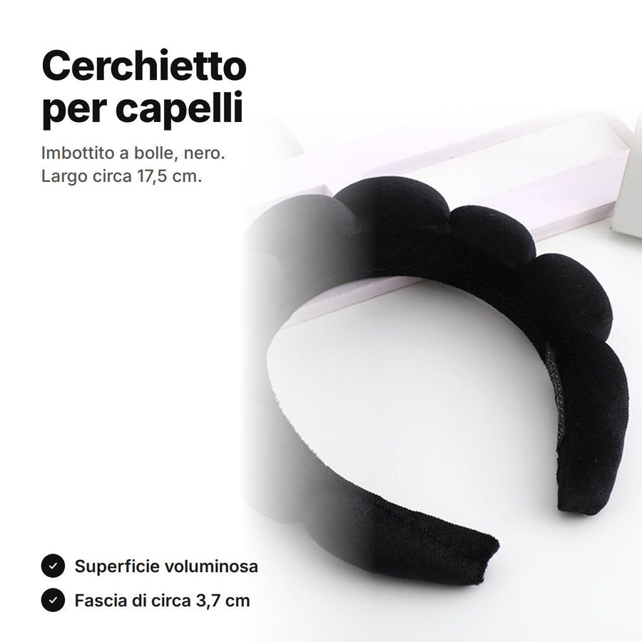 Cerchietto per capelli imbottito nero a bolle, largo circa 17,5 cm, con fascia di circa 3,7 cm