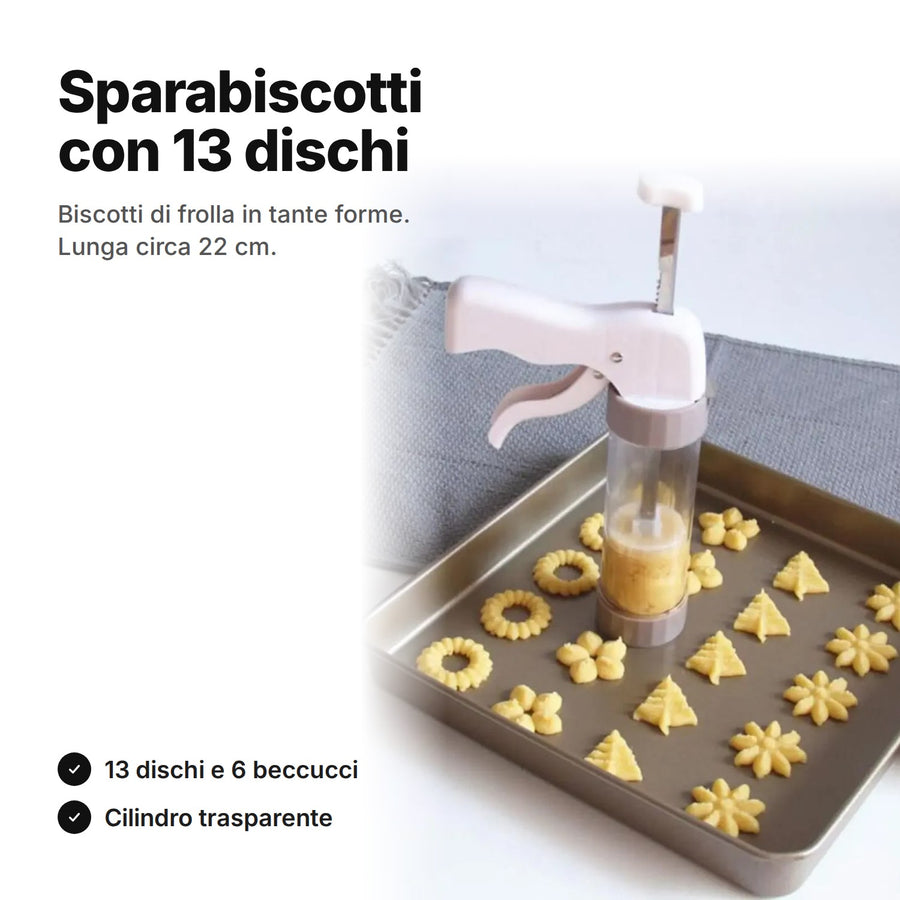 Sparabiscotti con 13 dischi su una teglia con biscotti di frolla – cilindro trasparente, lunga circa 22 cm