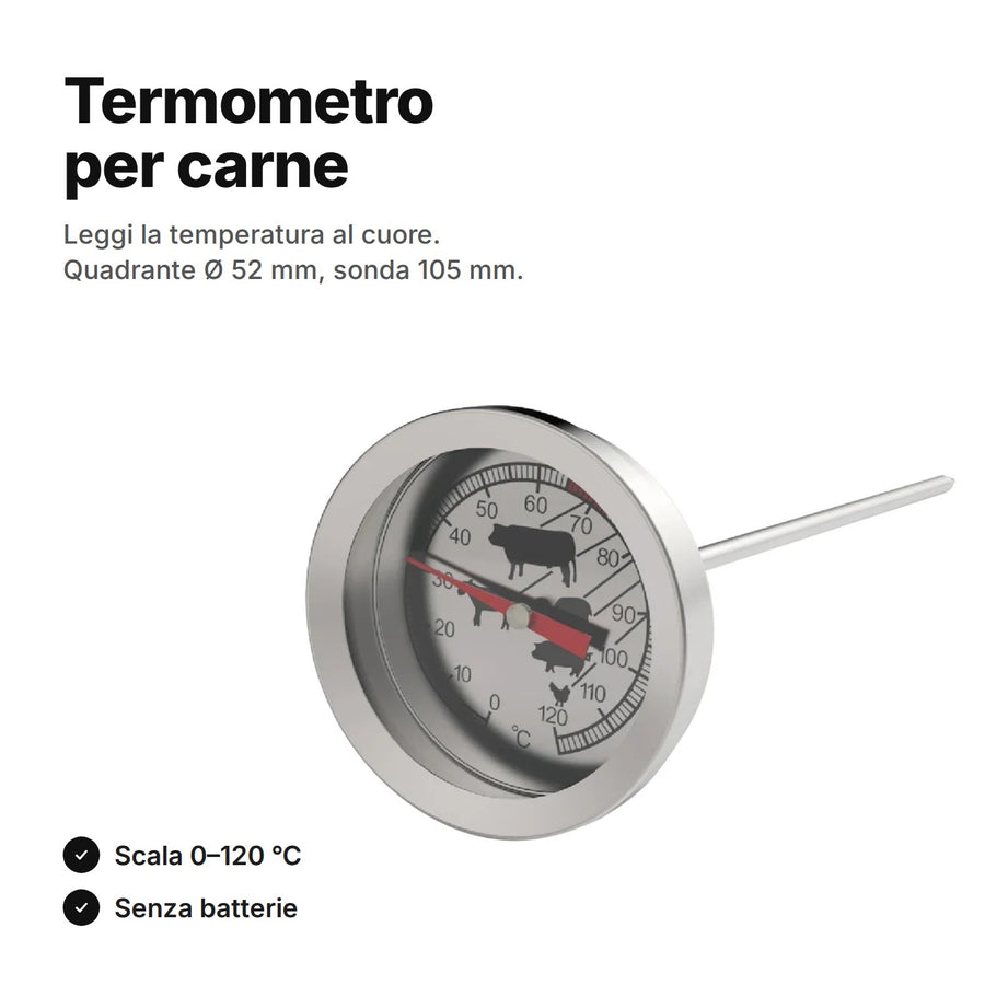 Termometro per carne analogico: scala 0–120 °C, quadrante Ø 52 mm e sonda 105 mm