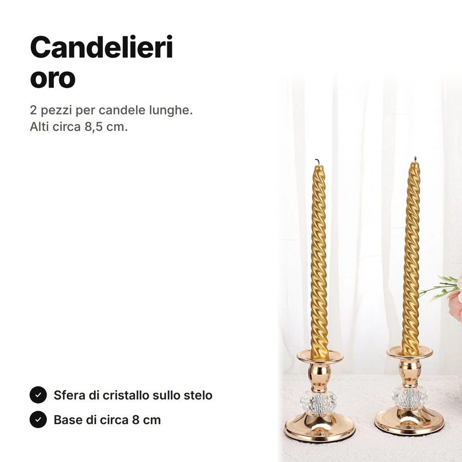 Candelieri oro per candele lunghe, 2 pezzi alti circa 8,5 cm con sfera di cristallo