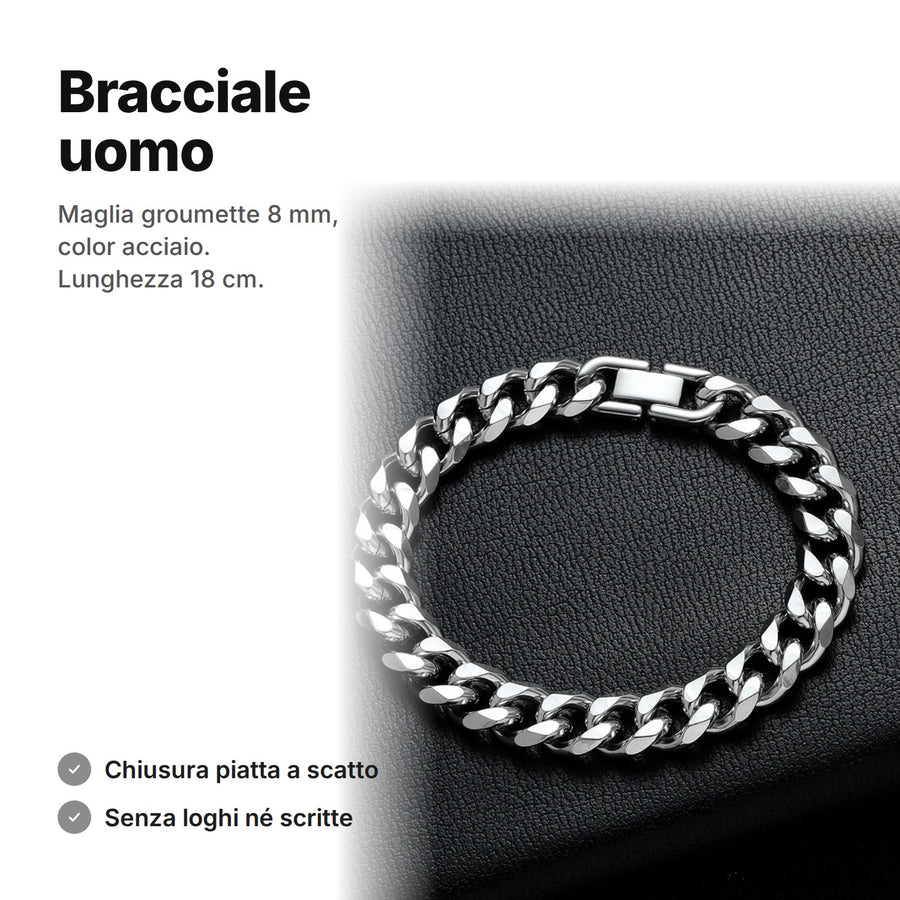 Bracciale uomo color acciaio a maglia groumette 8 mm, lunghezza 18 cm