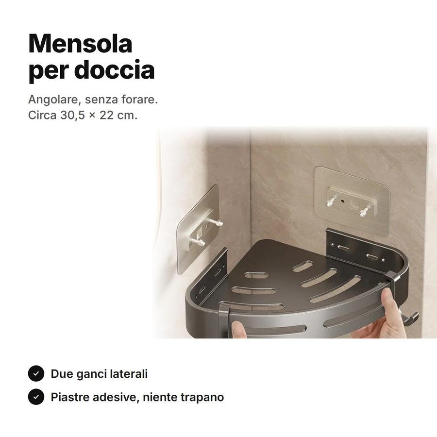 Mensola per doccia angolare grigio scuro: si appende a due piastre adesive, senza forare, circa 30,5 × 22 cm