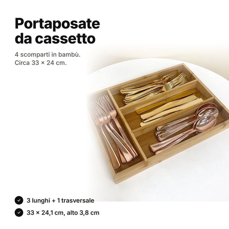 Portaposate da cassetto in bambù con quattro scomparti e posate – 33 × 24,1 cm, alto 3,8 cm
