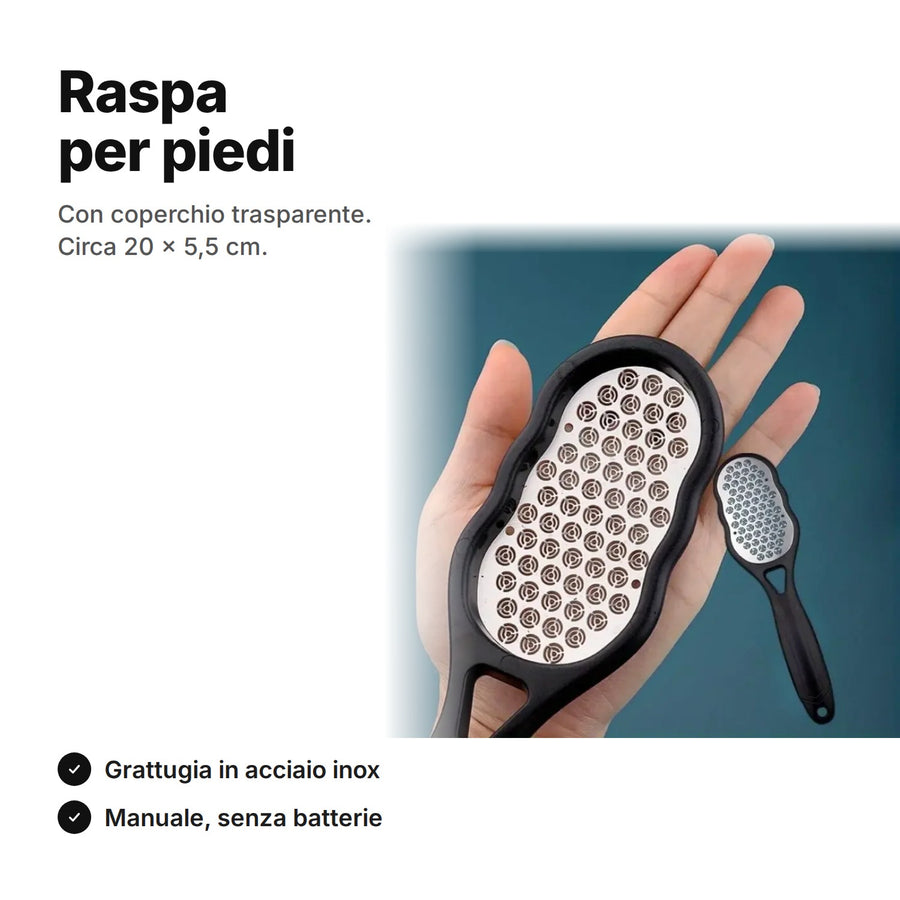 Raspa per piedi con coperchio: grattugia in acciaio inox e manico nero, circa 20 × 5,5 cm