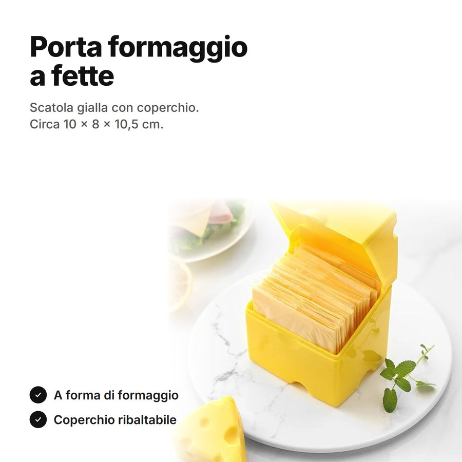 Porta formaggio a fette, scatola gialla a forma di formaggio con coperchio, circa 10 × 8 × 10,5 cm