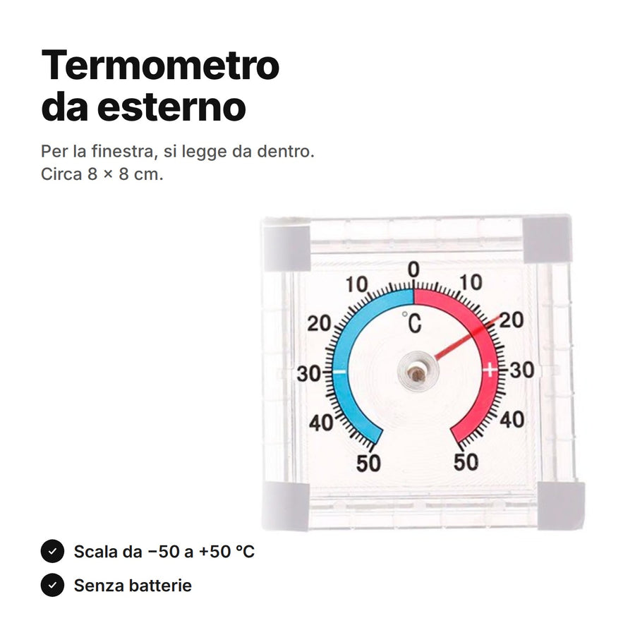 Termometro da esterno per la finestra con scala da −50 a +50 °C, si legge da dentro, senza batterie, circa 8 × 8 cm