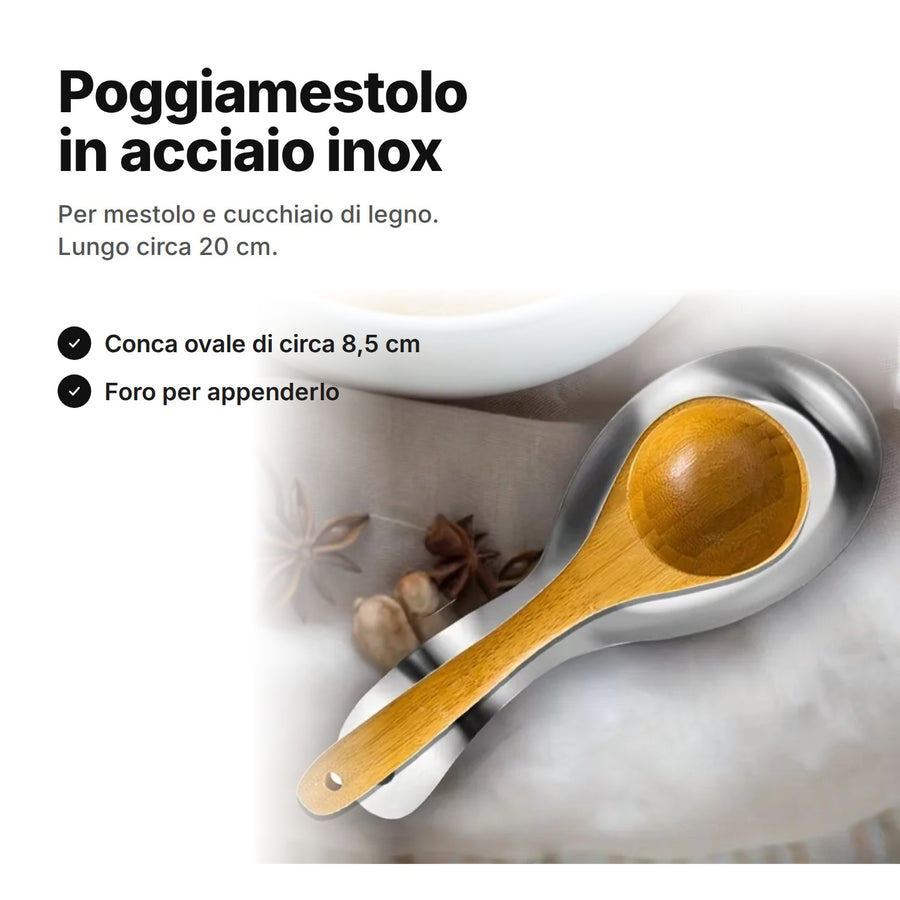 Poggiamestolo in acciaio inox con un cucchiaio di legno – lungo circa 20 cm, conca ovale di circa 8,5 cm