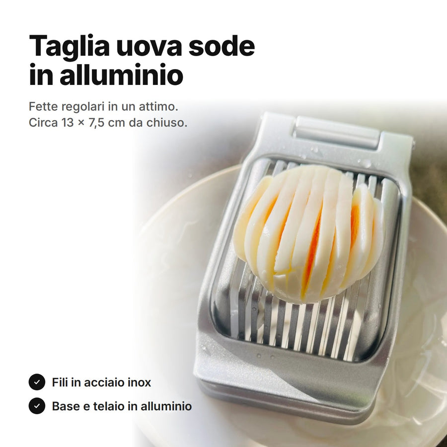 Taglia uova sode in alluminio con un uovo sodo tagliato a fette – circa 13 × 7,5 cm da chiuso
