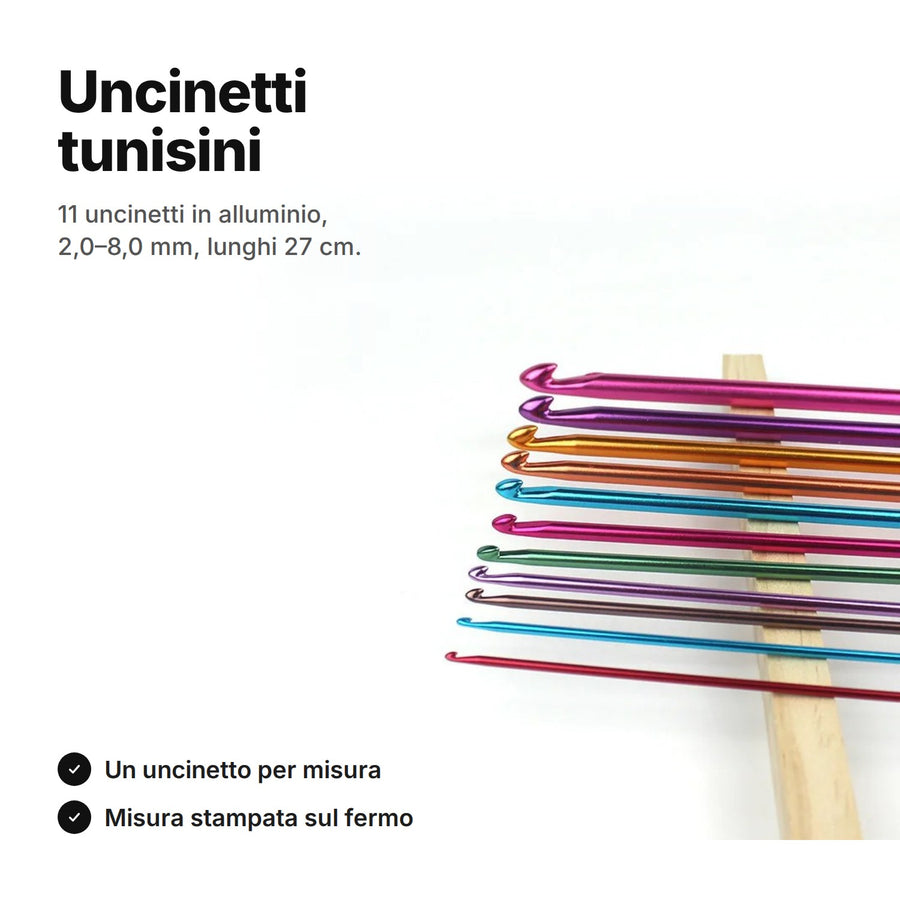 Uncinetti tunisini – set di 11 uncinetti lunghi in alluminio, 2–8 mm, 27 cm