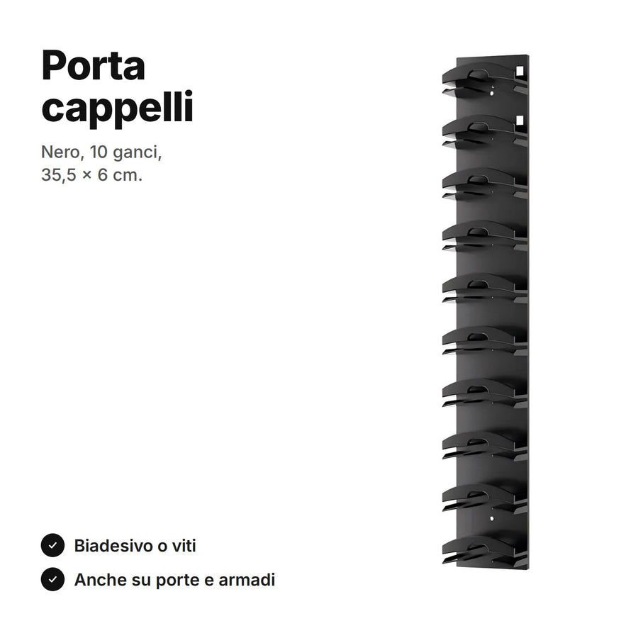 Porta cappelli da parete nero con 10 ganci per cappellini, 35,5 × 6 cm – si fissa con biadesivo o viti