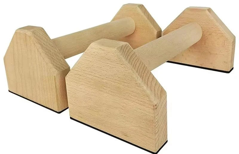 Coppia di parallette basse in legno con impugnatura rotonda e basi a forma di casetta