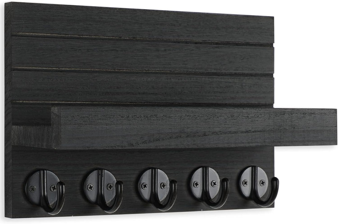 Porta chiavi da muro in legno nero con mensola e 5 ganci