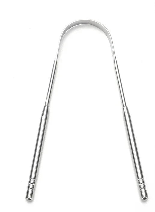 Pulisci lingua a U in acciaio inox su sfondo bianco