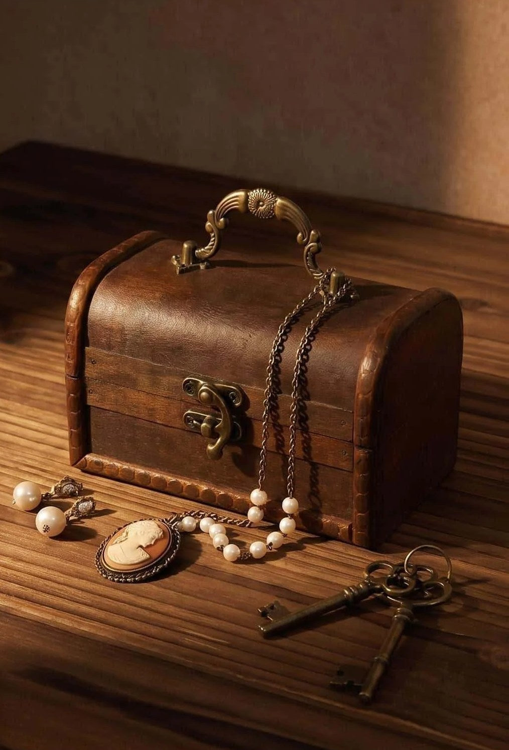 Scatola in legno con coperchio, scura, con collana di perle e vecchie chiavi su un tavolo di legno