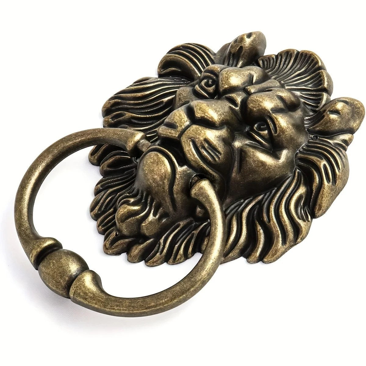 Battiporta con testa di leone e anello, color bronzo anticato, visto di tre quarti