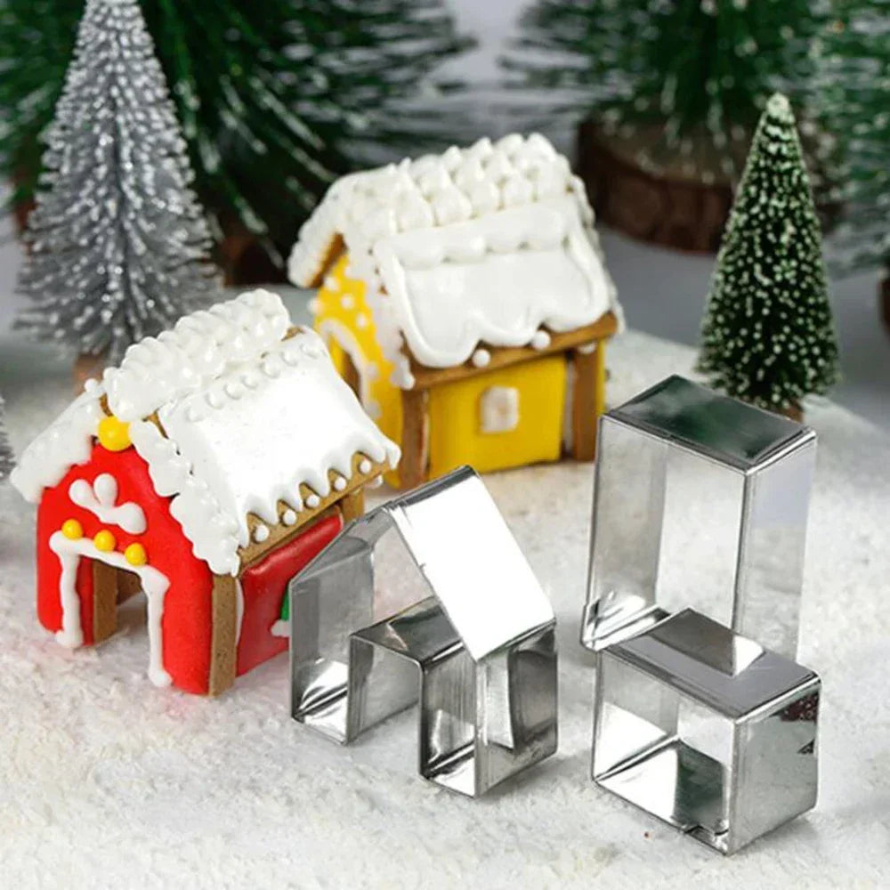 Stampo casetta pan di zenzero: tre formine in acciaio e due mini casette decorate con la ghiaccia