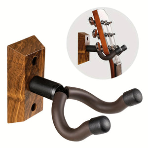 Porta chitarra da muro con base in legno e gancio girevole, nel riquadro tondo una chitarra appesa per la paletta