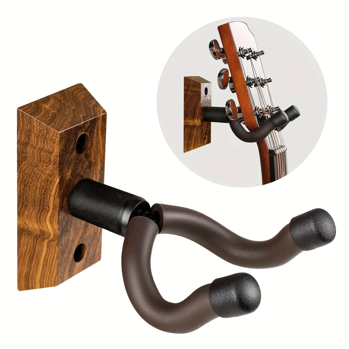 Porta chitarra da muro con base in legno e gancio girevole, nel riquadro tondo una chitarra appesa per la paletta