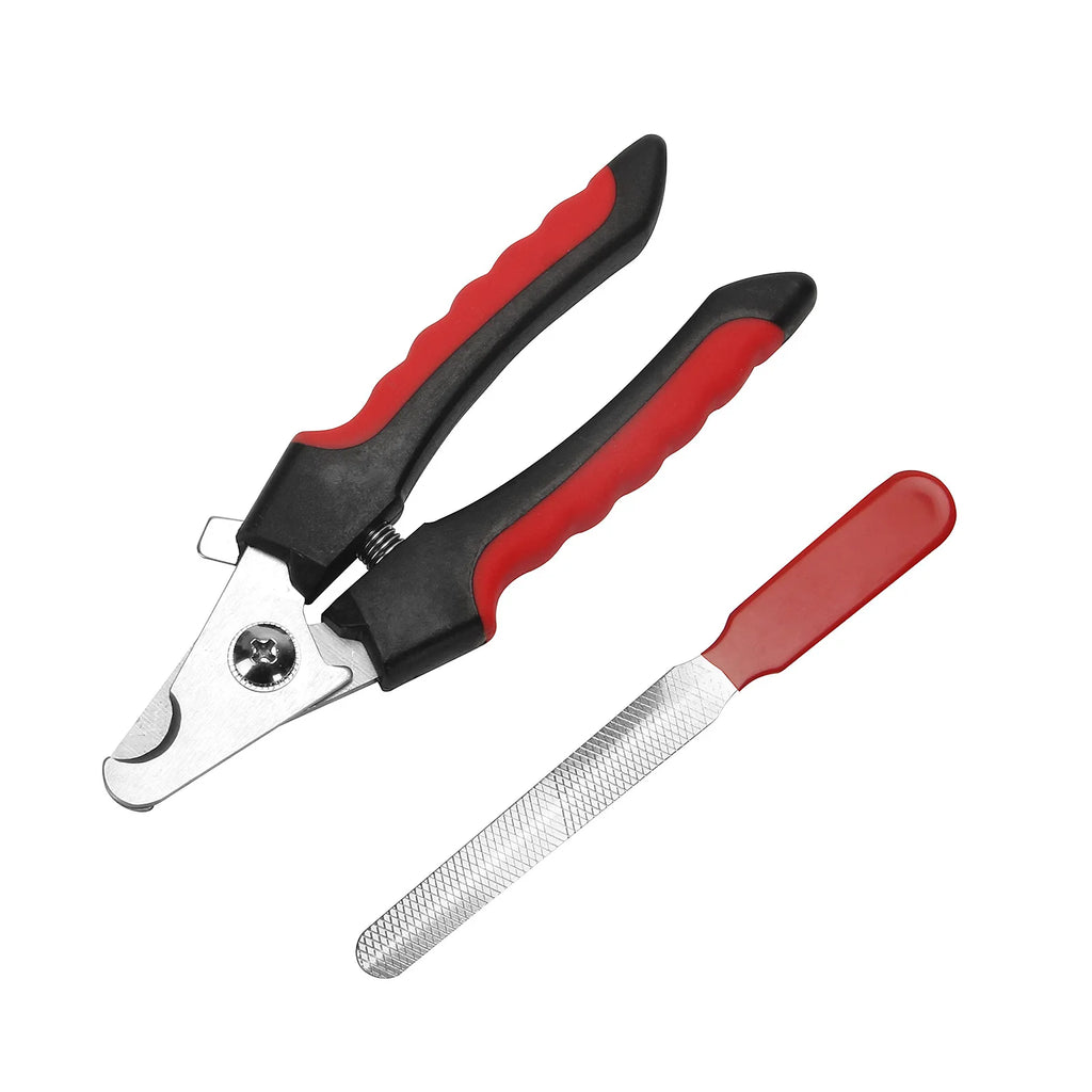 Tagliaunghie per cani con impugnature nere e rosse e lima per unghie su sfondo bianco