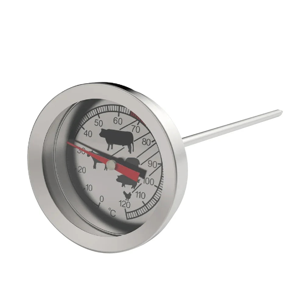 Termometro per carne analogico su sfondo bianco: quadrante 0–120 °C e sonda in acciaio inox