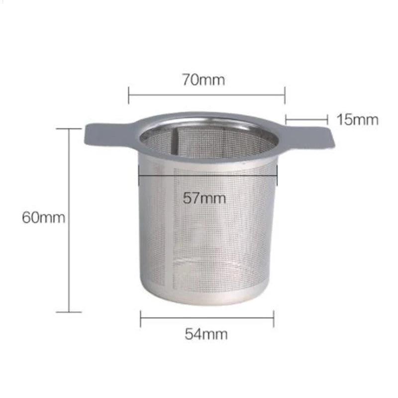 Misure del filtro per tè: cestello Ø 57 mm in alto e 54 mm sul fondo, alto 60 mm, bordo 70 mm, manici di 15 mm
