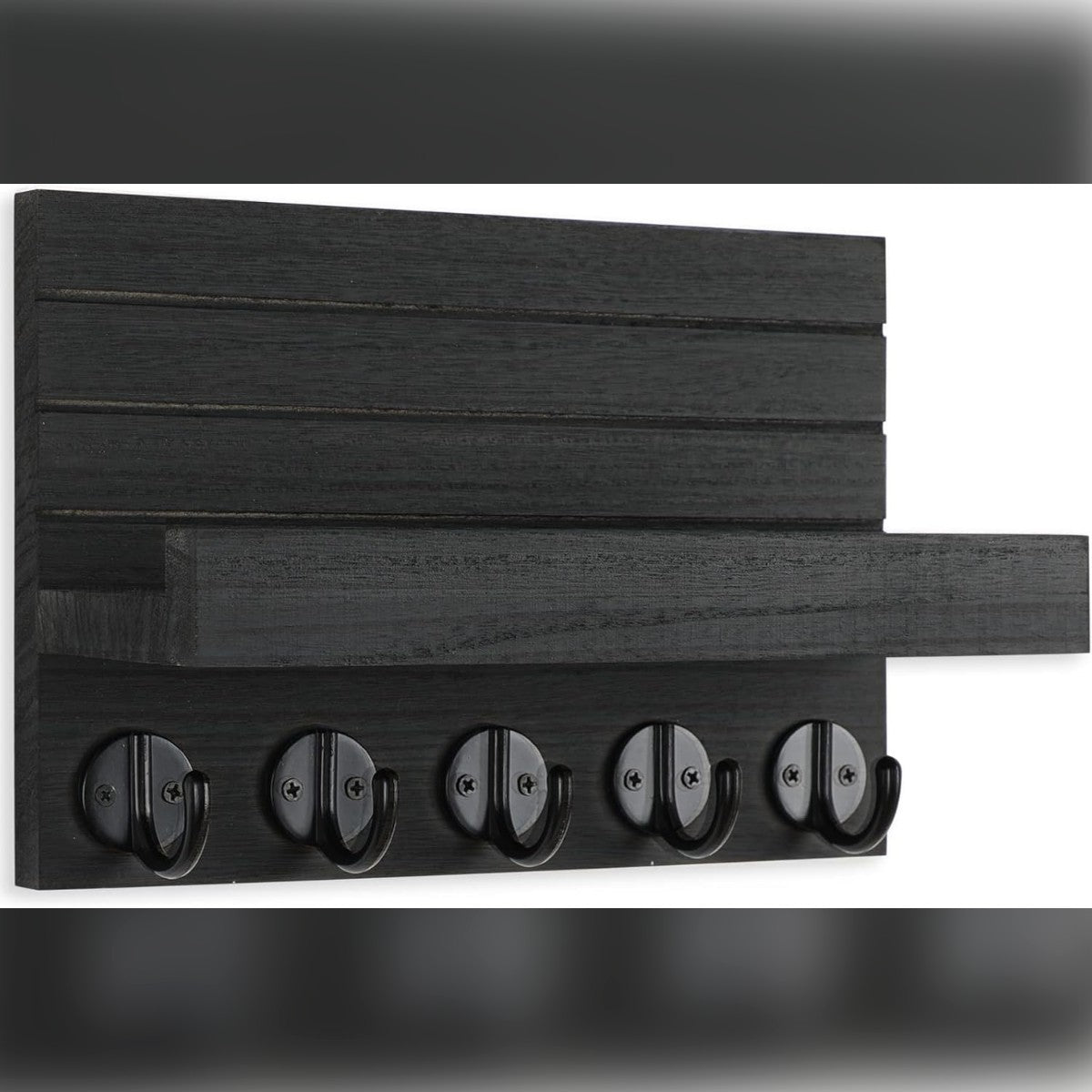 Porta chiavi da muro in legno nero con mensola e 5 ganci
