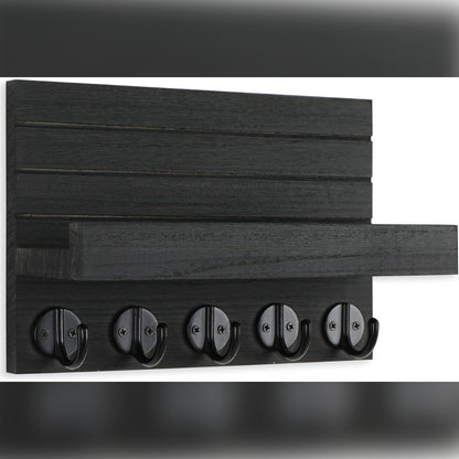Porta chiavi da muro in legno nero con mensola e 5 ganci