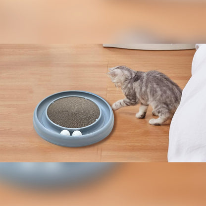 Un gattino si avvicina al gioco con binario a palline appoggiato sul parquet