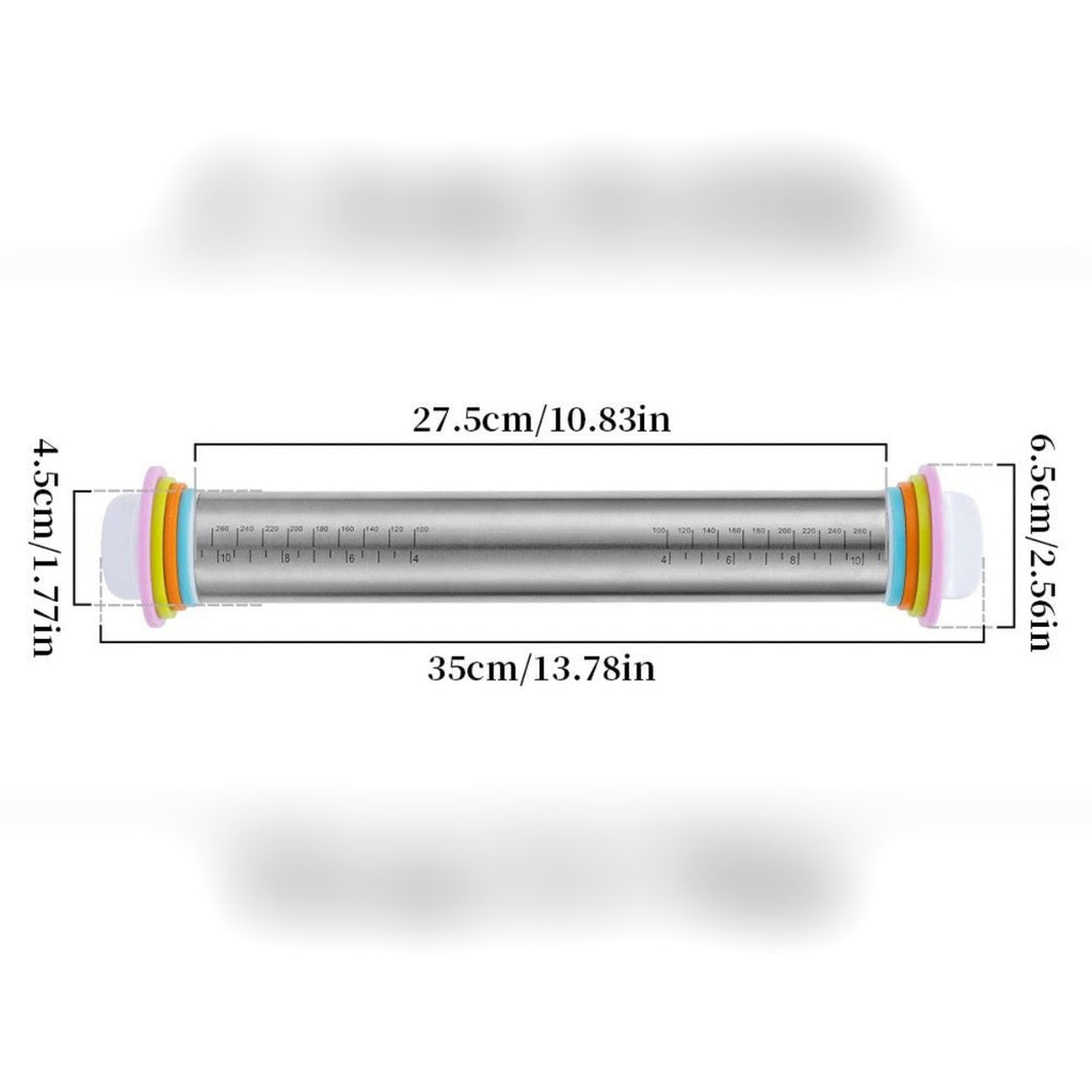 Misure del mattarello: lungo 35 cm, superficie di stesura 27,5 cm, tubo Ø 4,5 cm e anello più grande Ø 6,5 cm