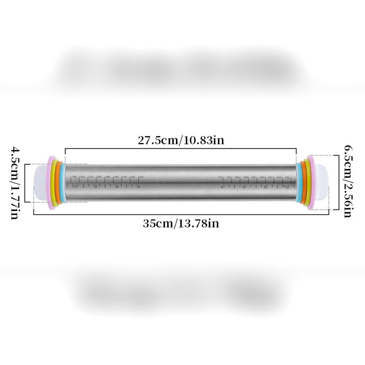 Misure del mattarello: lungo 35 cm, superficie di stesura 27,5 cm, tubo Ø 4,5 cm e anello più grande Ø 6,5 cm