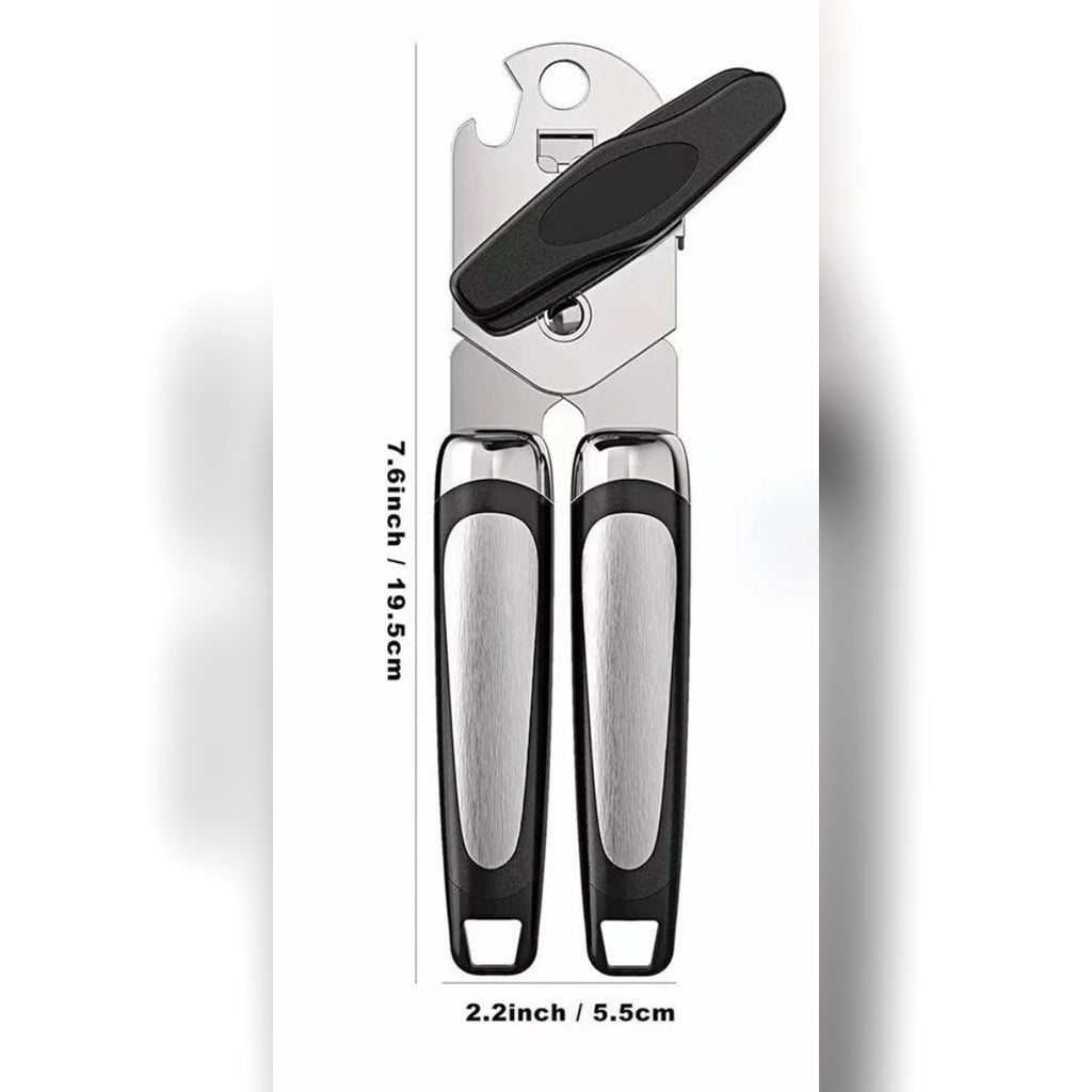 Apriscatole manuale con manopola visto di fronte – lungo circa 19,5 cm e largo 5,5 cm