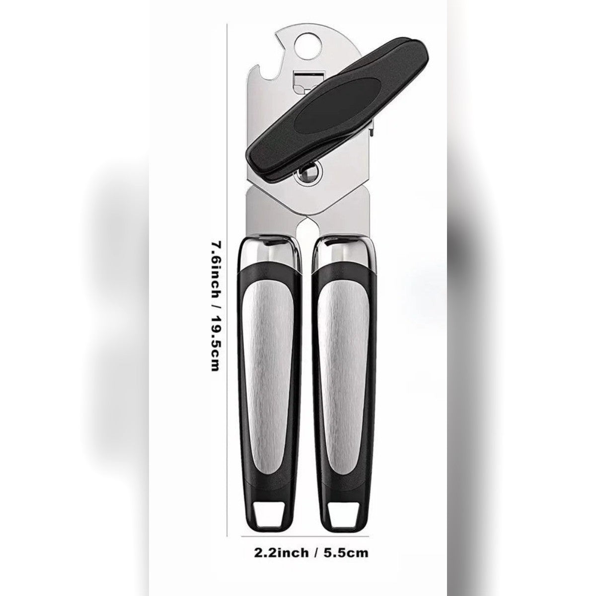 Apriscatole manuale con manopola visto di fronte – lungo circa 19,5 cm e largo 5,5 cm