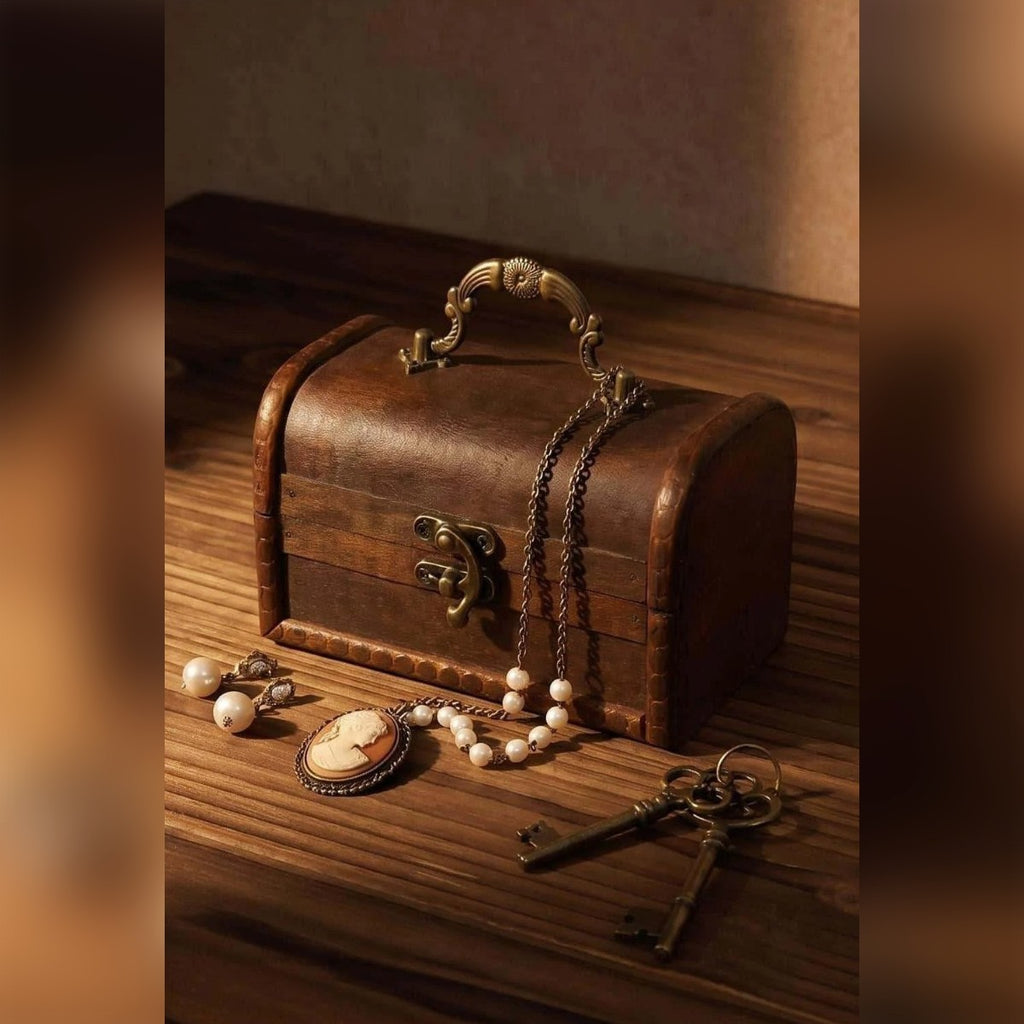 Scatola in legno con coperchio, scura, con collana di perle e vecchie chiavi su un tavolo di legno