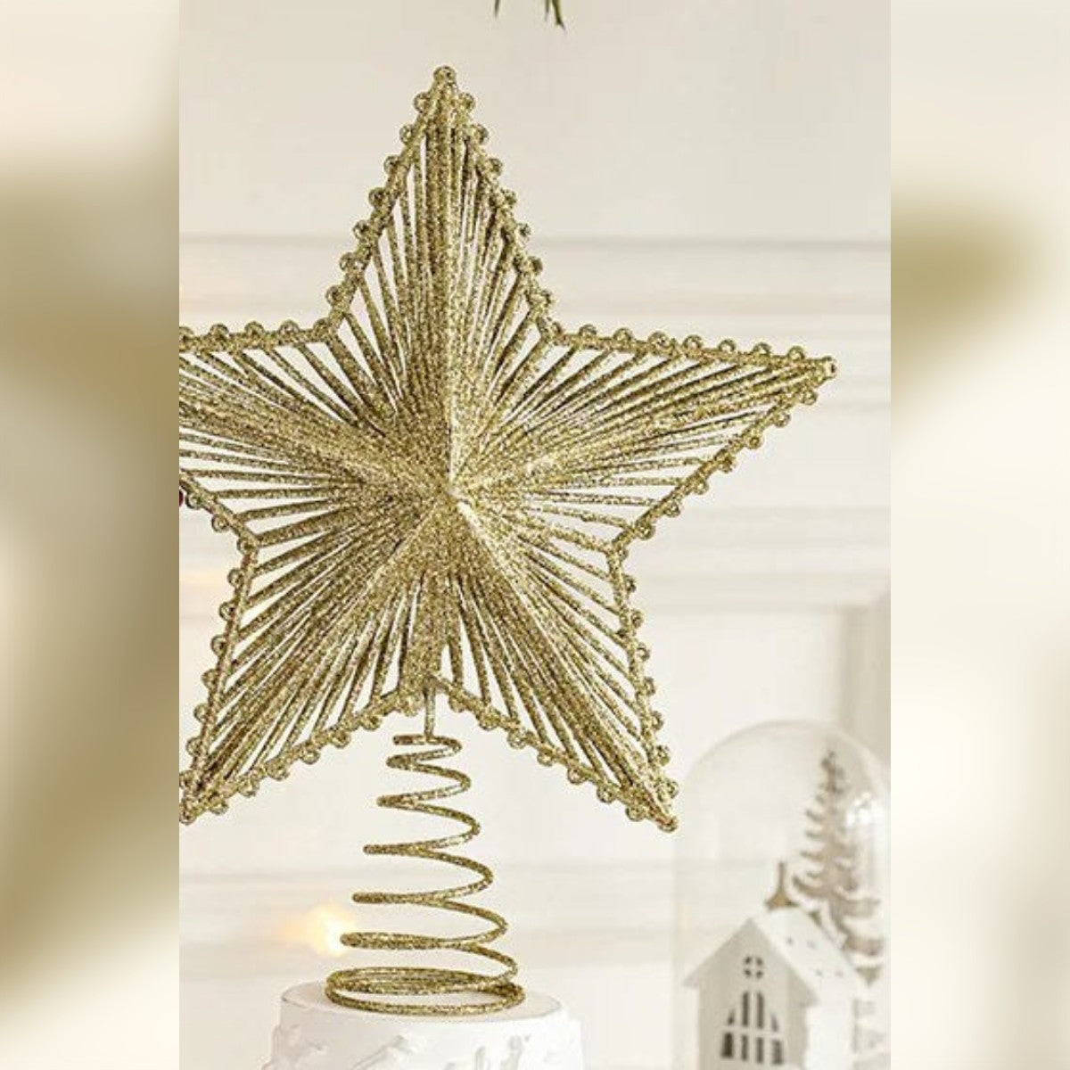 Puntale albero di Natale a stella oro glitterato, con la spirale sotto