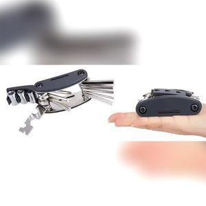 Multitool bici pieghevole: aperto con tutti gli attrezzi e chiuso nel palmo di una mano