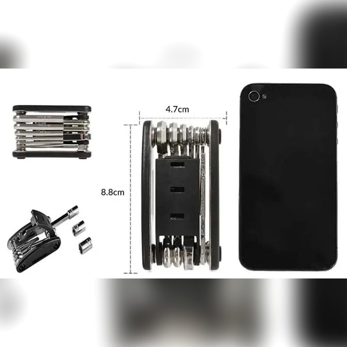 Misure del fornitore: da chiuso circa 8,8 × 4,7 cm, accanto a un telefono