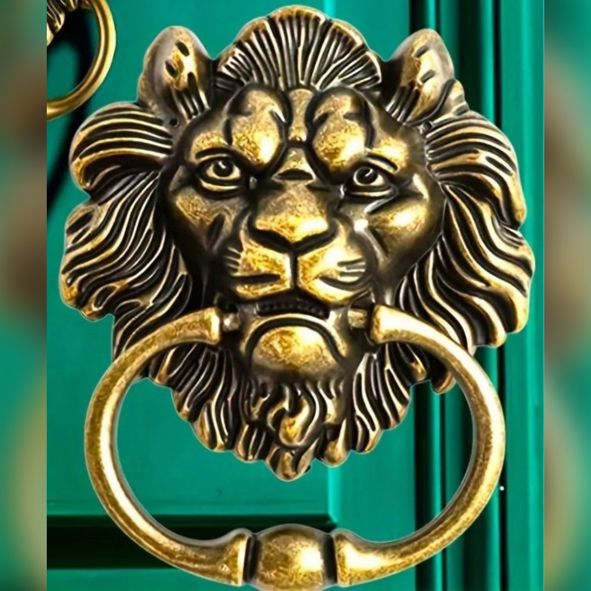 Il battiporta con testa di leone su una porta verde