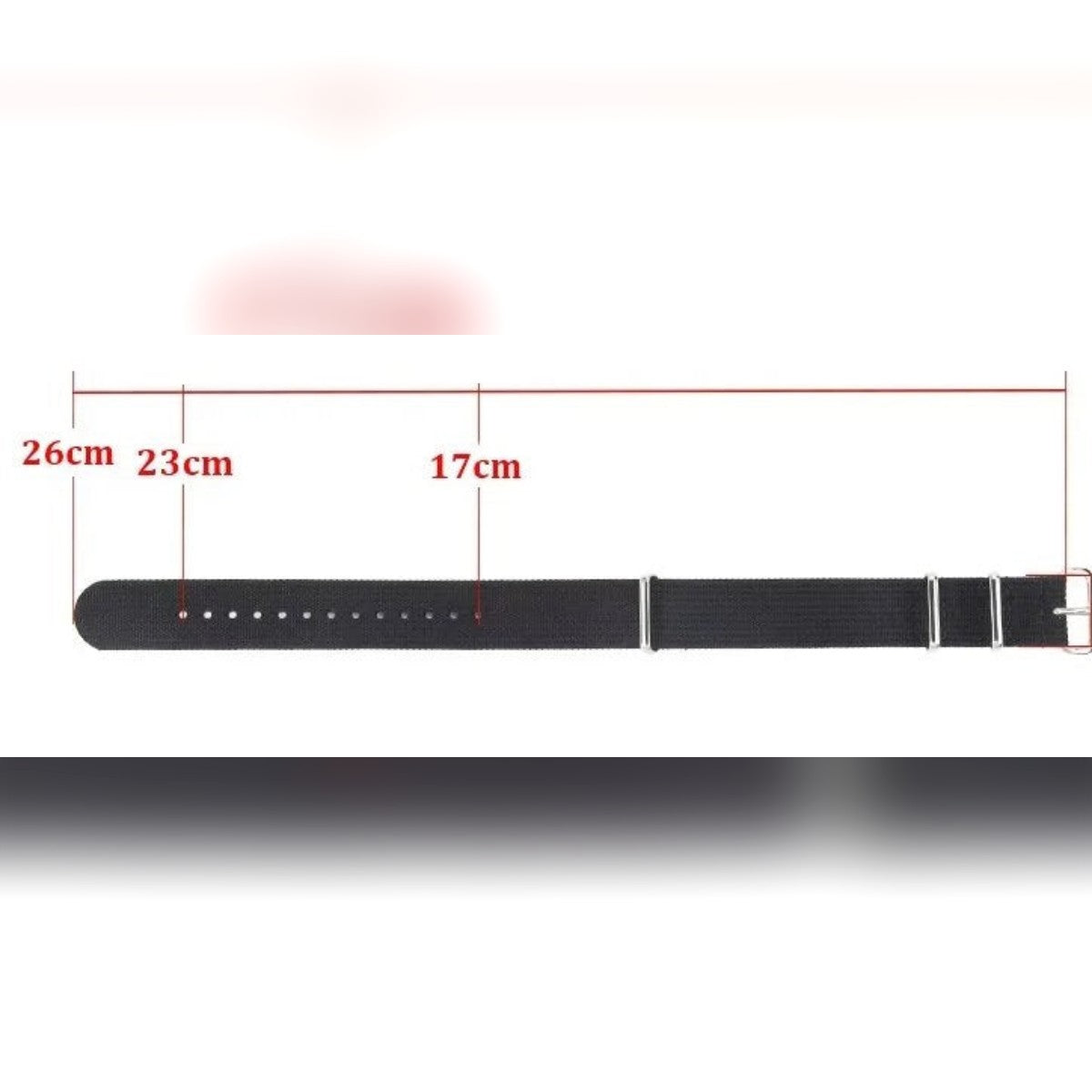 Disegno del fornitore con le misure: cinturino lungo circa 26 cm, fori tra 17 e 23 cm dalla fibbia